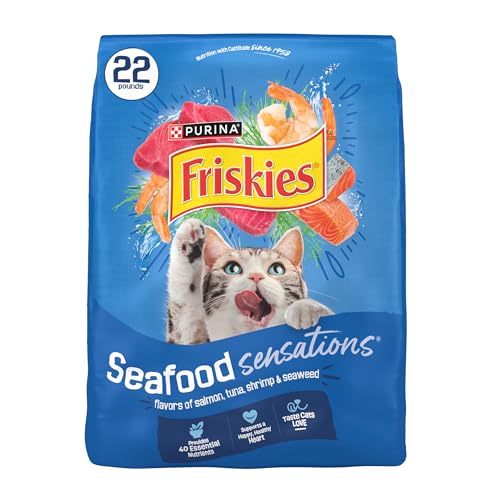 Friskies Purina Seafood Sensations Dry Cat Food, 22 lb Bag | Crunchy cat kibble with salmon, tuna and shrimp flavors, with protein for healthy muscles and fatty acids for skin and coat