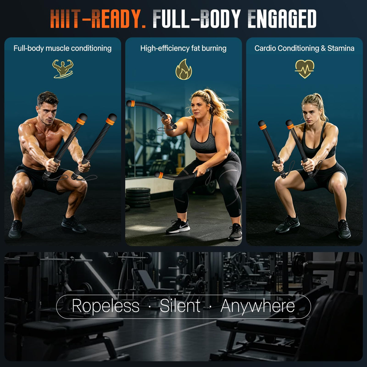 Weighted Cordless Battle Ropes – Adjustable Resistance Ropeless Battle Ropes for Home Gym with Non-Slip Handle, Portable Low-Noise Fitness Equipment for HIIT & Low-Impact Cardio Workouts – Black