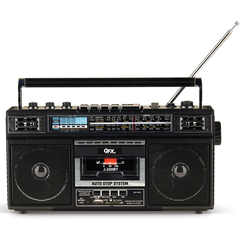 QFX Retro Bluetooth Boombox Cassette Tape Player Recorder, J-220BT, Black | Portable, Dual 3" Speakers, AM/FM/SW1/SW2 Radio, Rechargeable Battery, Built-In Mic, Recorder, 3-Band Equalizer