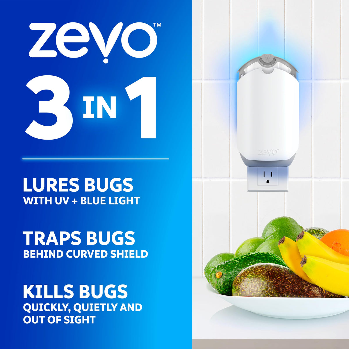 Zevo Flying Insect Trap for Fruit Flies & Gnats, 1 Plug-in Base & 3 Refills | Catches Fruit Flies & Gnats Near Fruit Bowls & Trash Bins, Spray-Free, Odor-Free, Blue & UV Light Trap, Safe for Kids & Pets*