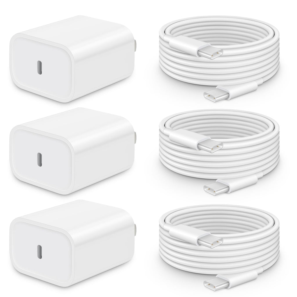 20W Fast Charger for iPhone 18/17/16/15 with 6FT Cable [3-Pack] | USB-C Wall Charger & C-to-C Cable, Compatible with iPhone 18/17/16/15 Series, USB-C iPad Pro/Air/Mini & More