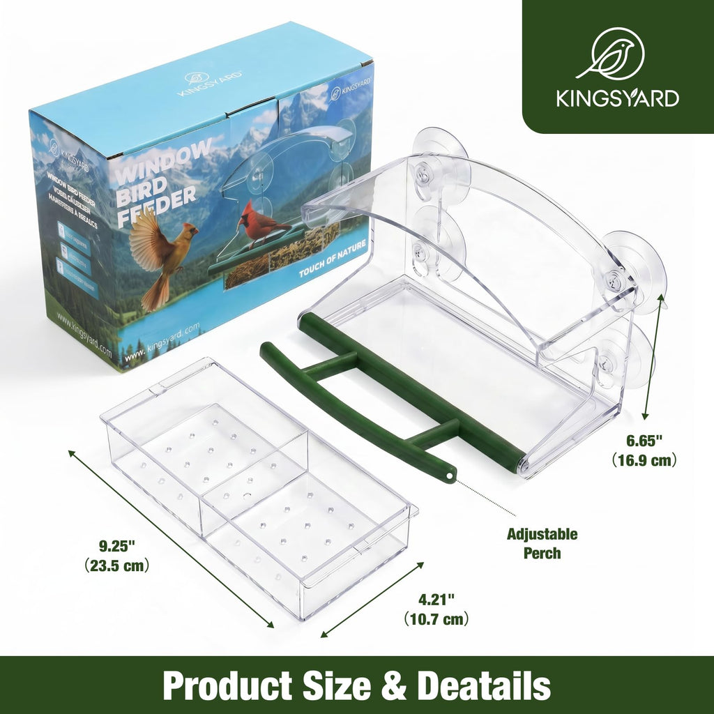 Kingsyard Window Bird Feeder with 4 Extra Strong Suction Cups | Crystal Clear Durable PC, Extra Wide Perch, Lift-Out Seed Tray, Easy to Clean & Refill, Bird Watching Gift, Garden Decor