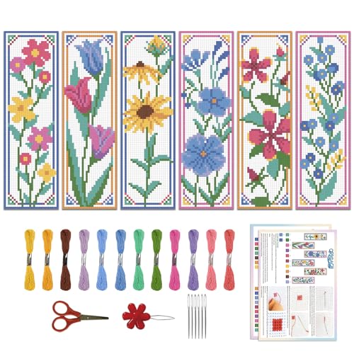 ORIGACH 6 Set Wildflower Floral Cross Stitch Bookmark Kit for Beginner | 11CT Stamped Cross Stitch Kit DIY Embroidery Bookmark Set with Backing Felt Floss Instructions for Adults, Book Lovers