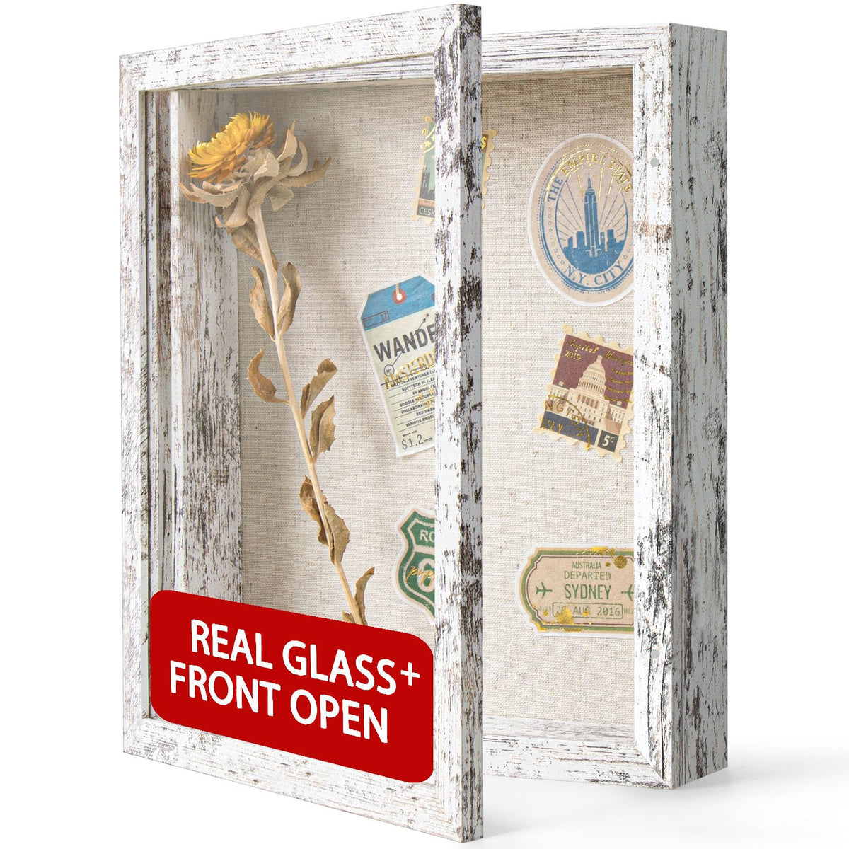 Califortree 8x10 Shadow Box Frame with Linen Back - Real Glass, Push Pins Included, Sturdy Rustic Memory Display Case, Fits 6.8x8.8 Inserts, Distressed White