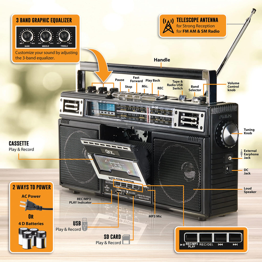 QFX Retro Bluetooth Boombox Cassette Tape Player Recorder, J-220BT, Black | Portable, Dual 3" Speakers, AM/FM/SW1/SW2 Radio, Rechargeable Battery, Built-In Mic, Recorder, 3-Band Equalizer