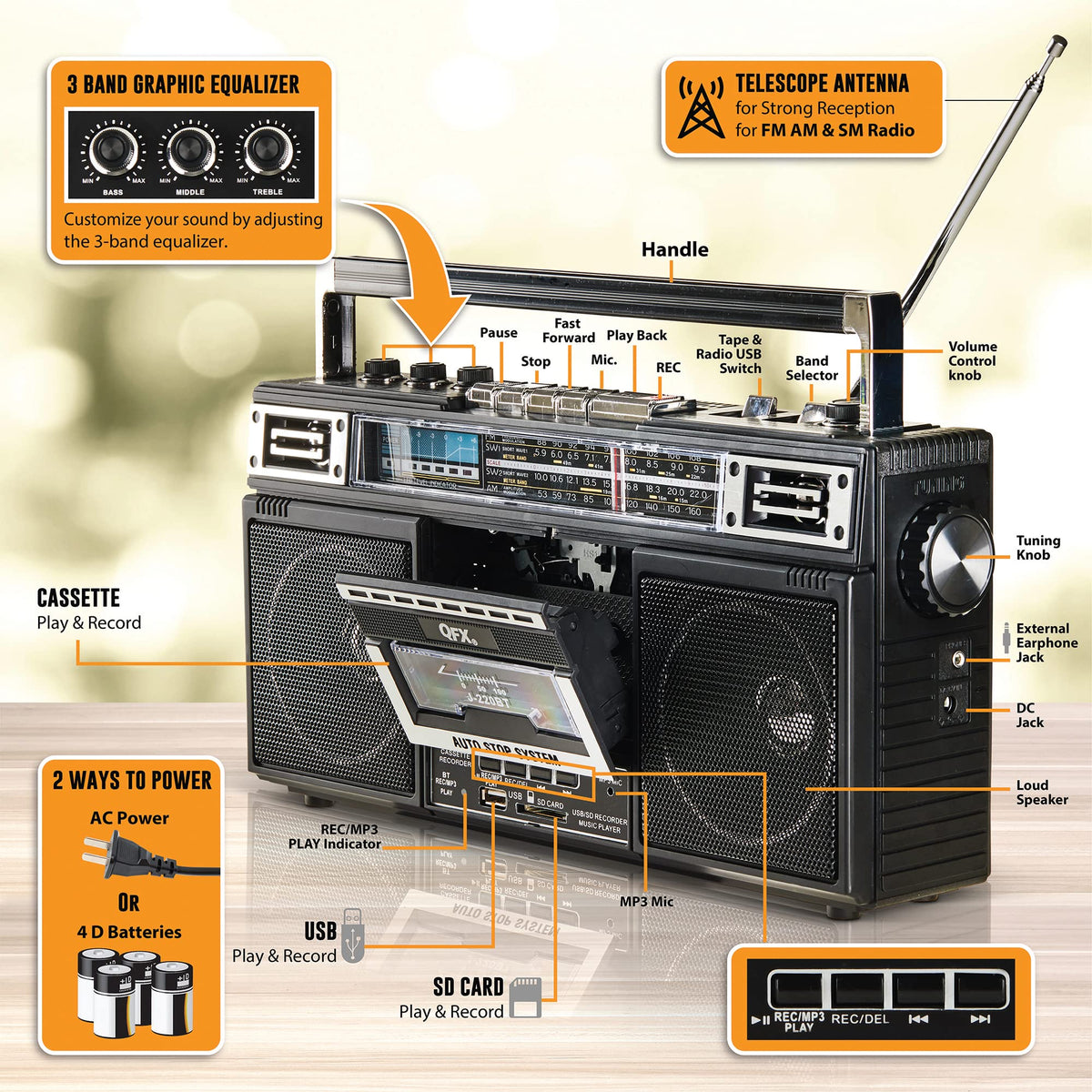 QFX Retro Bluetooth Boombox Cassette Tape Player Recorder, J-220BT, Black | Portable, Dual 3" Speakers, AM/FM/SW1/SW2 Radio, Rechargeable Battery, Built-In Mic, Recorder, 3-Band Equalizer