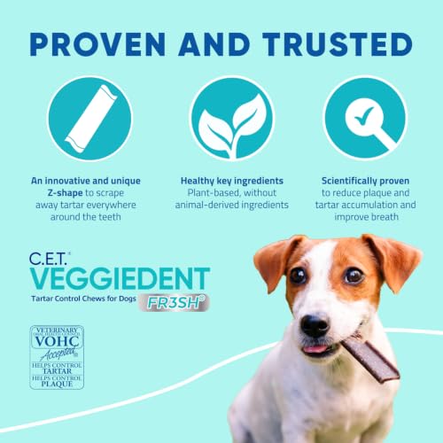C.E.T. Veggiedent Fr3sh Plaque and Tartar Control Chews for Dogs, Medium | Vet recommended dental chews, plant-based formula, supports canine digestive health, VOHC approved for plaque & tartar