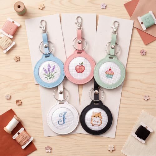 Whimsibelle 5 Pcs Self Finishing Needlepoint Key Fob Keychain, Round, Light | Self Finishing Needlepoint Kit, Needlepoint Keychain, PU Key Fob, Self Finishing Cross Stitch Keychain, Bag Charm DIY Key Fob