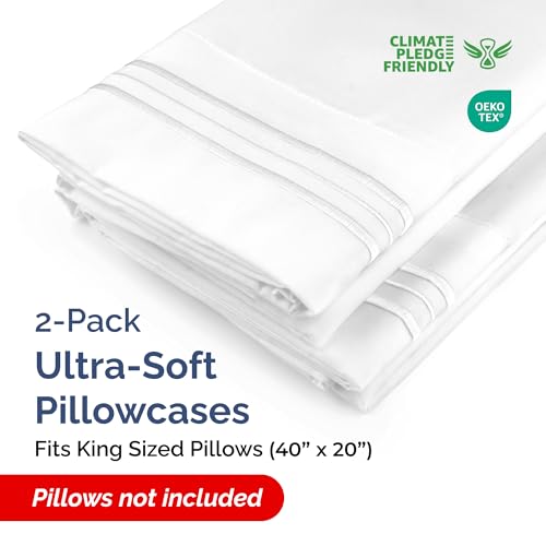 King Pillow Cases Set of 2 - Ultra Soft Cozy Pillowcase Covers - White | Hotel Quality, Comfortable Bedding for Women, Men, Kids & Teens, Machine Washable Pillow Protectors, 2 Piece Set, King Size