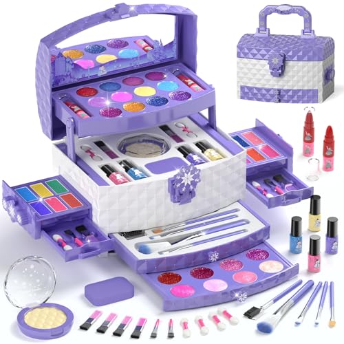 56 Pcs Kids Makeup Set for Girls, Washable Real Cosmetic Toddler Makeup Kit | 2026 New CPF Sustainable Materials, Safety & Non-Toxic, Frozen Toy Birthday Gift for 3 4 5 6 7 8 9 10 11 12 Year Old (Purple)
