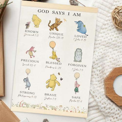 Winnie Biblical Affirmations Wall Art, The Pooh Canvas Wall Art Painting for Room, Wooden Hanging Rod Religious Gifts, Nursery Decoration For Boy or Girl