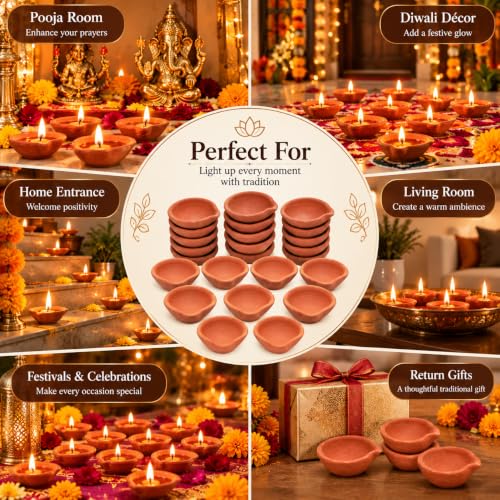 TIED RIBBONS 24 pcs Handmade Natural Clay Diya for Indian | Traditional Homemade Diwali Diyas Tealight | Indian Oil Lamp | Diwali Decorations | Indian Gifts, Pooja Decor | Terracotta Diyas