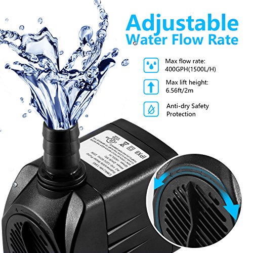 CWKJ 400GPH Submersible Fountain Water Pump with 6.5ft Tubing | 25W,1500L/H Ultra Quiet Outdoor Fountain Pump with 6.56ft High Lift, 6.5ft Power Cord, 3 Nozzles for Aquarium, Pond, Pool