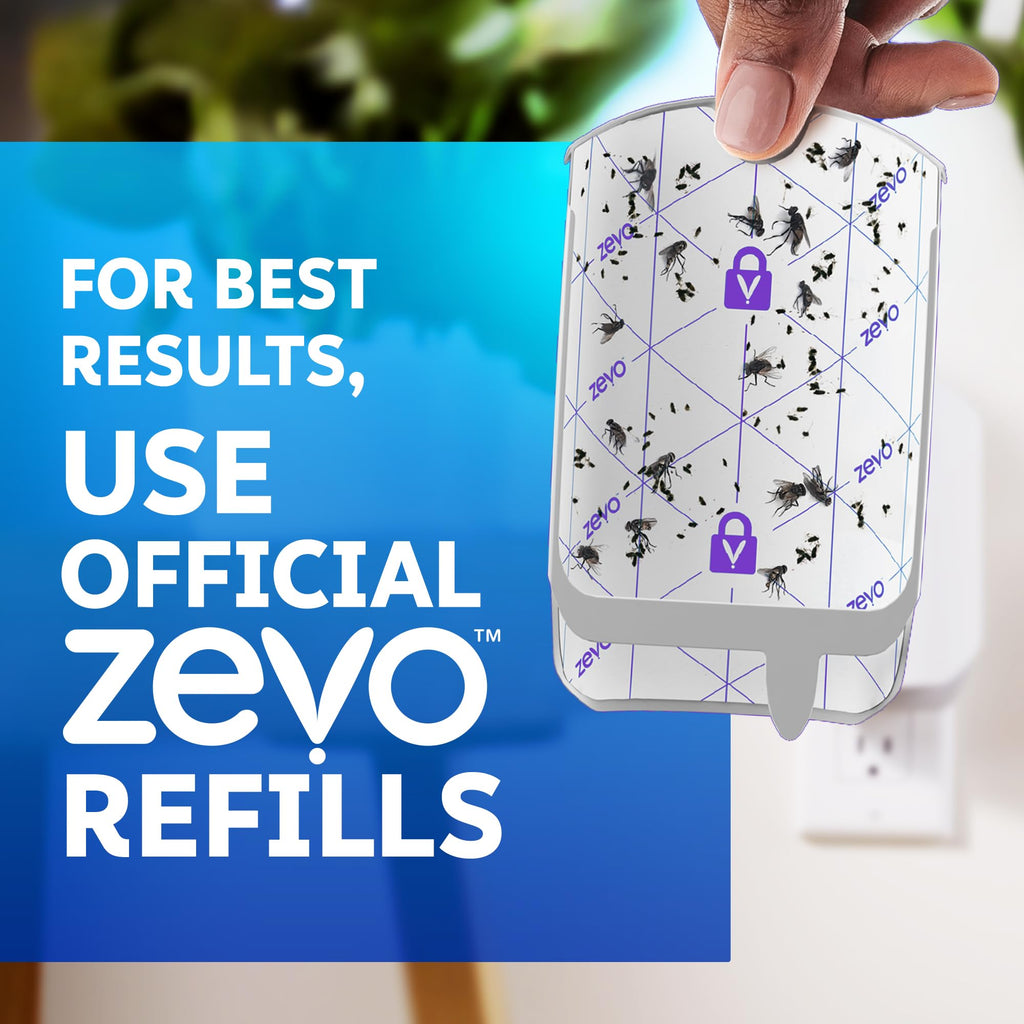 Zevo Flying Insect Trap for Fruit Flies & Gnats, 1 Plug-in Base & 3 Refills | Catches Fruit Flies & Gnats Near Fruit Bowls & Trash Bins, Spray-Free, Odor-Free, Blue & UV Light Trap, Safe for Kids & Pets*