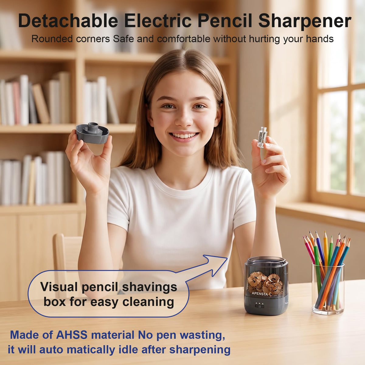 Apensta Electric Pencil Sharpener, Adjustable Tip | DC/Battery, 6-8mm, Colored Pencils, Compact Desktop, Easy Cleanup