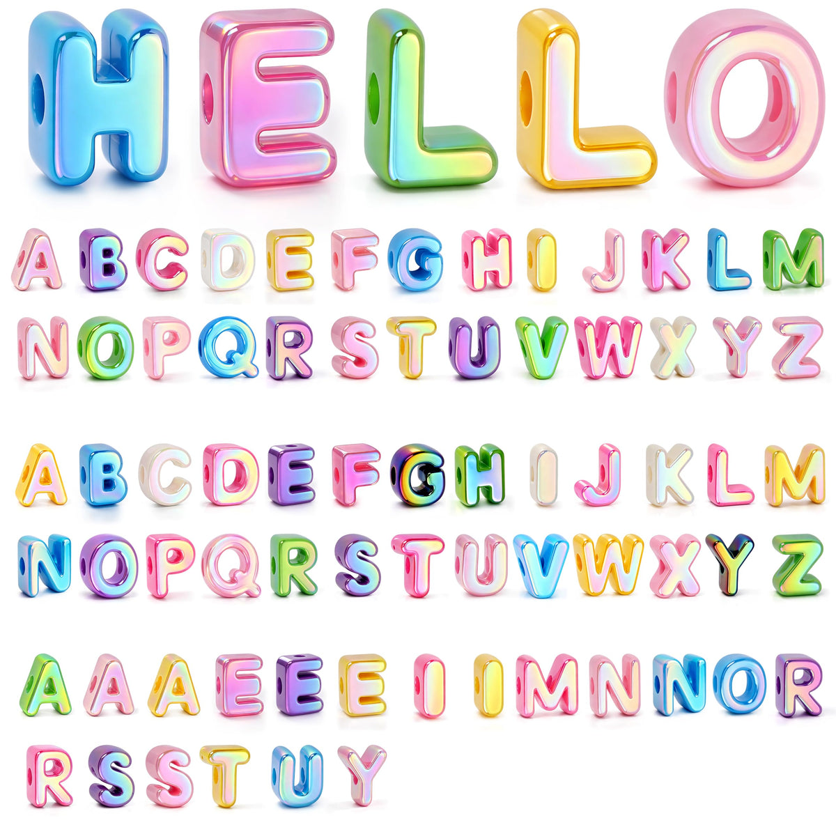 76Pcs Bubble Letter Beads, 20mm Large Hole Beads for Keychains | Each A-Z character appears twice or more, with extra vowels and common characters for names, bag charms and backpacks.