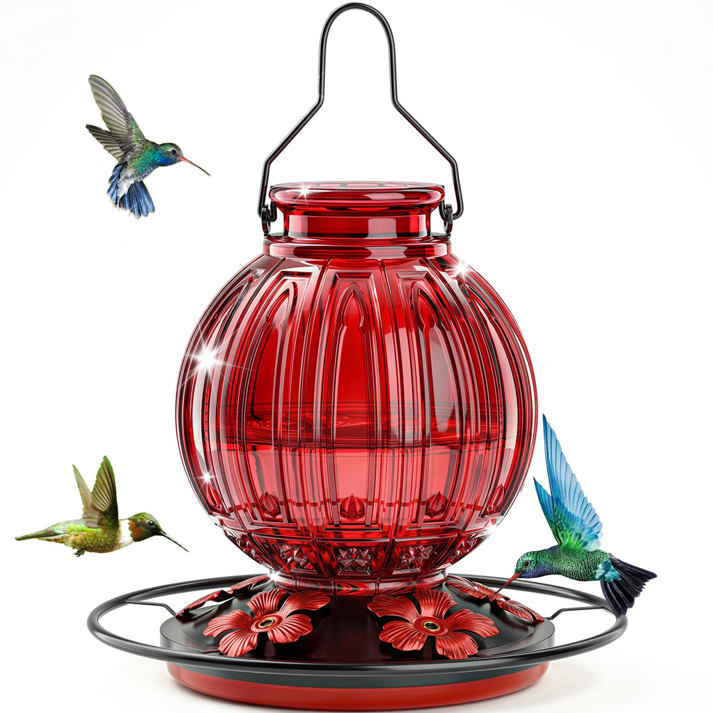 Glass Hummingbird Feeder for Outdoors Hanging, 26 fl oz Bird Nectar Feeder | 5 Metal Flower Feeding Ports, 360° Perch Ring, Easy Refill & Clean, Leakproof, Ideal for Backyard, Garden Outdoor Decor, Red