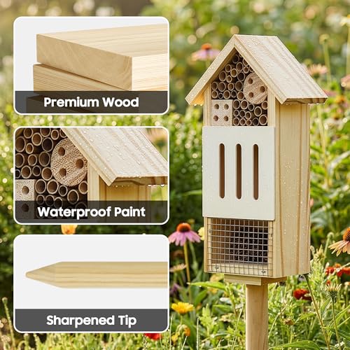 UUMENHA Bee House Bug Hotel & Butterfly House with Stake,Ladybug Hotel | Natural Insect Habitat for Garden, Patio, or Yard, Attracts Pollinators, 10.4 x 5.5 x 3.2 Inches,14 inches Stake