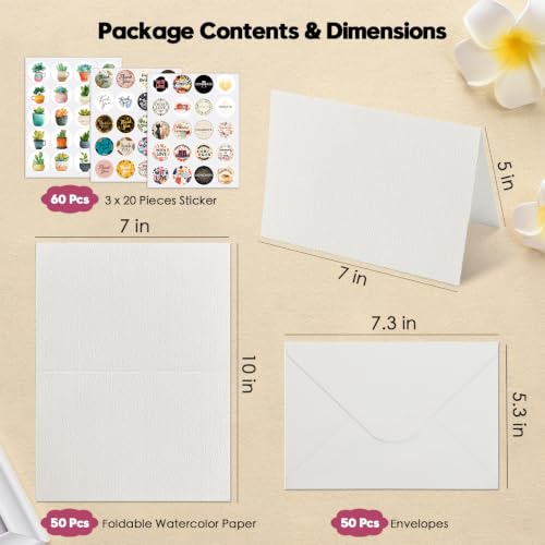 KOVIEDE 50 Pack Foldable Blank Watercolor Cards with Envelopes 5" x 7" | 140lb/300gsm, Heavyweight, Cold Press, Acid-Free, 100% Cotton Water Color Cards to Painting, Cards Making, DIY Art Projects