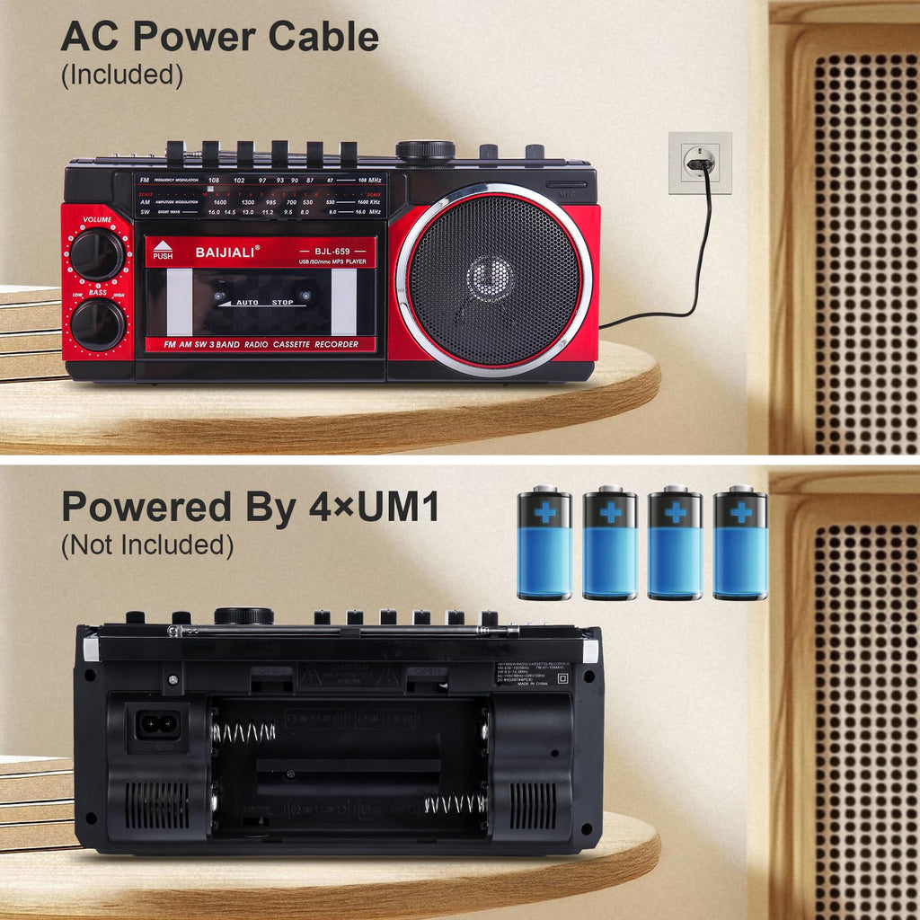 BAIJIALI Portable Cassette Player with AM/FM/SW Radio & BT | Boombox for Home and Travel, Record from Radio, Play via SD/USB, Headphone Jack, AC/Battery Power