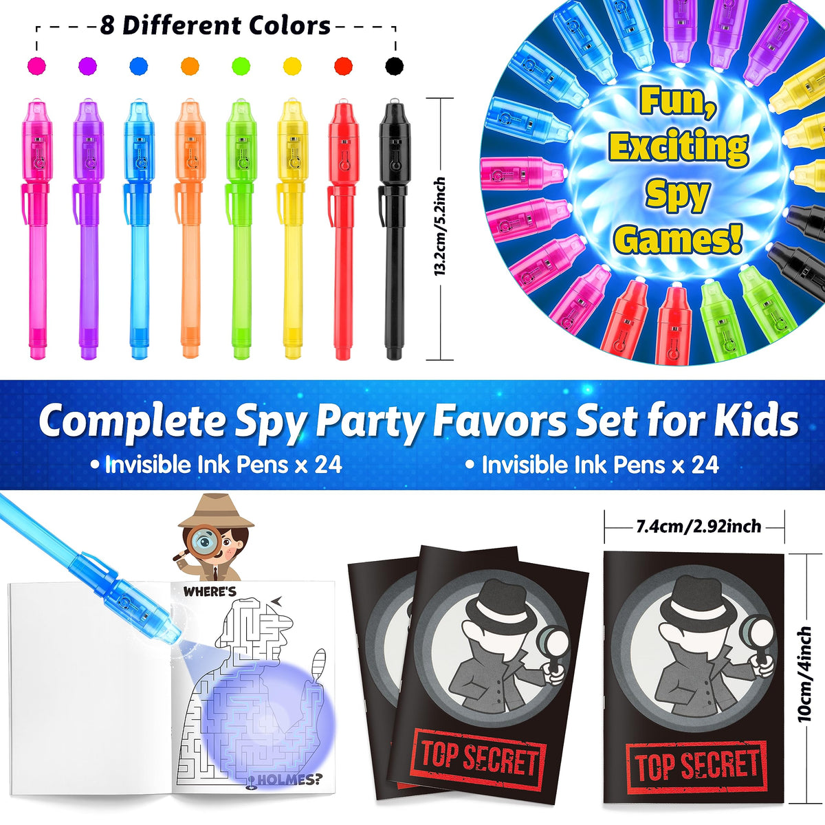 Joycover 24 PCS Invisible Ink Pen with UV Light for Kids, Spy Pens and Notebook，Birthday Party Favors for Kids 4-8, School Prize Goodie Bag Stuffers, UV Pen for Secret Message Escape Room