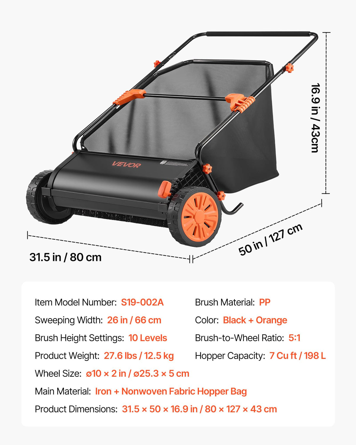 VEVOR Push Lawn Sweeper 26 in Leaf & Grass Collector 7 cu. ft. Hopper Bag | Heavy Duty Yard Sweeper with Adjustable Brush Height, Spinning Brushes, Rubber Wheels for Leaves Grass Cleanup, Black/Orange