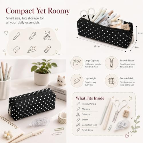 Polka Dot Canvas Pencil Case, Foldable Pouch for Stationery & Makeup, Black | Cute Polka Dot Canvas Pencil Pouch, Large Capacity Soft Aesthetic Pen Case Organizer for Supplies & Daily Use