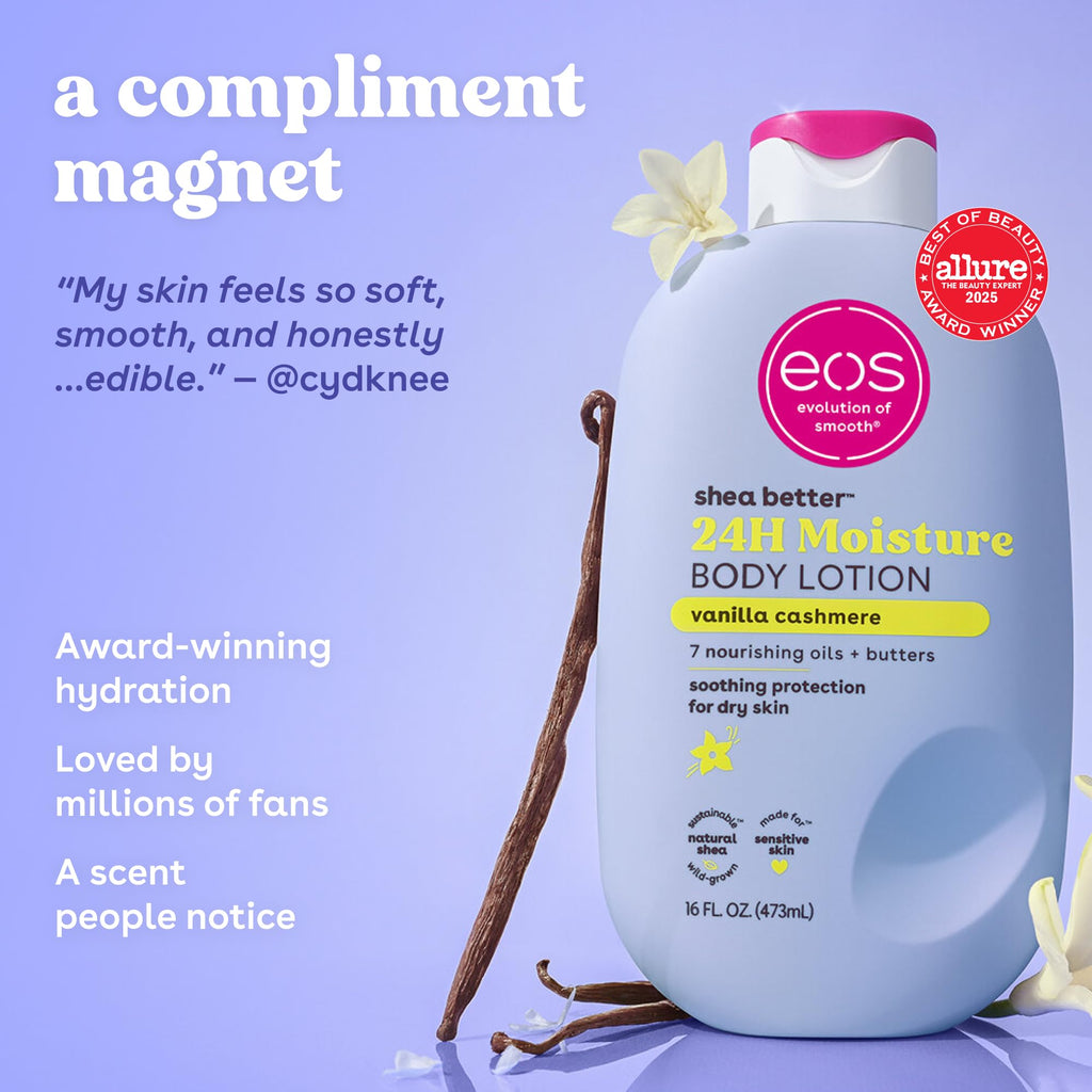 eos Shea Better Body Lotion- Vanilla Cashmere, 24-Hour Moisture, 16 fl oz | Natural Shea Butter & Oil, Whipped Vanilla & Caramel, Lasting Hydration, 100% Vegan & Cruelty-Free, Apply to Dry Skin