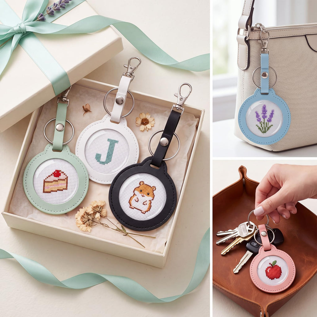 Whimsibelle 5 Pcs Self Finishing Needlepoint Key Fob Keychain, Round, Light | Self Finishing Needlepoint Kit, Needlepoint Keychain, PU Key Fob, Self Finishing Cross Stitch Keychain, Bag Charm DIY Key Fob