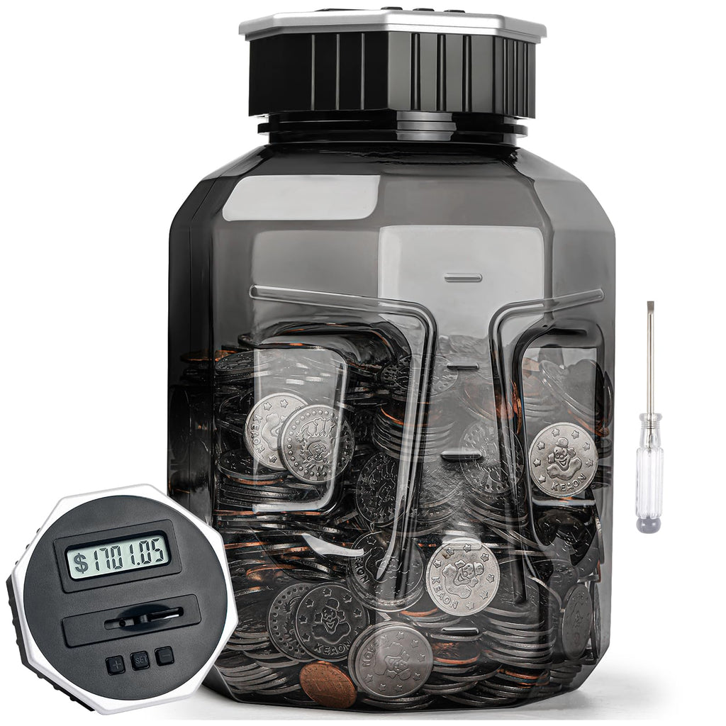 X-Large Piggy Bank for Adults Kids, Digital Coin Counting Bank LCD Counter | Vcertcpl 2.4L Capacity, Great Coin Counter Bank Money Counting Jar with Total Amount Displayed, Bank for All US Coins Gray