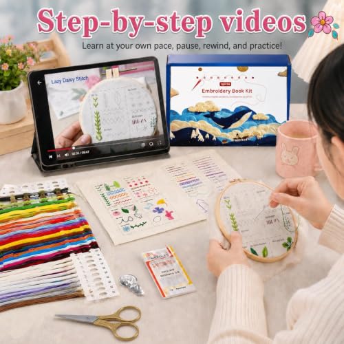 spicssa Beginner Embroidery Stitch Book Kit, 79 Stitches, Video Tutorials