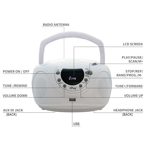 hPlay P16 Portable CD Player Boombox with Bluetooth, White | CD/CD-R/MP3-CD, FM Digital Radio, USB/MP3 Playback, Aux-In & Headphone Jack, AC/Battery Powered