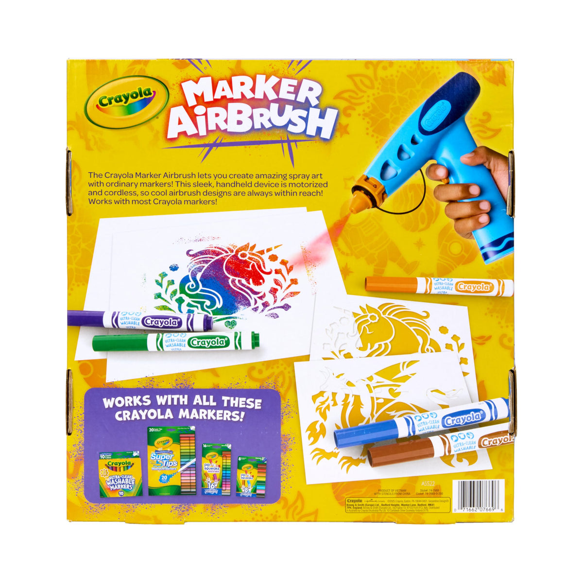 Crayola Marker Airbrush Spray Art Kit, 8 Washable Markers, 5 Stencils | Arts & Crafts Toys for Kids, Birthday, Holiday Gifts for Girls & Boys 6+, Battery-Powered Sprayer Kids Activities