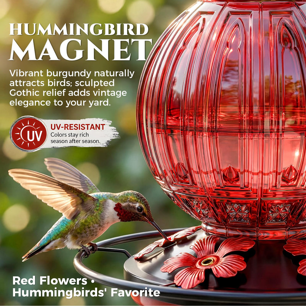 Glass Hummingbird Feeder for Outdoors Hanging, 26 fl oz Bird Nectar Feeder | 5 Metal Flower Feeding Ports, 360° Perch Ring, Easy Refill & Clean, Leakproof, Ideal for Backyard, Garden Outdoor Decor, Red