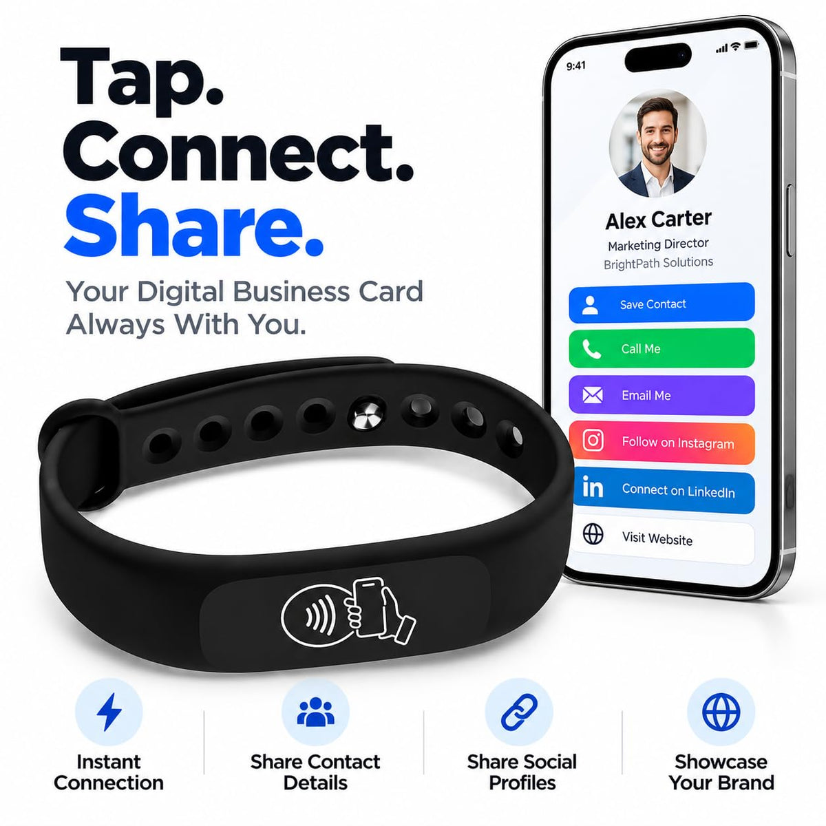 NFC Smart Business Card Wristband, Adjustable (Black) | QR Code, Waterproof Silicone, Tap to Share Contact Info, Works with iPhone and Android