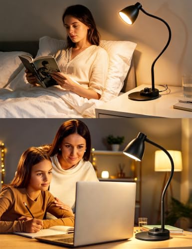 BOHON LED Desk Lamp with USB Charging Port 3 Color Modes Dimmable, Black | Reading Light Intelligent Induction Auto Dimming Task Lamp Neck Flexible Table Lamp for Bedside Office, AC Adapter Include