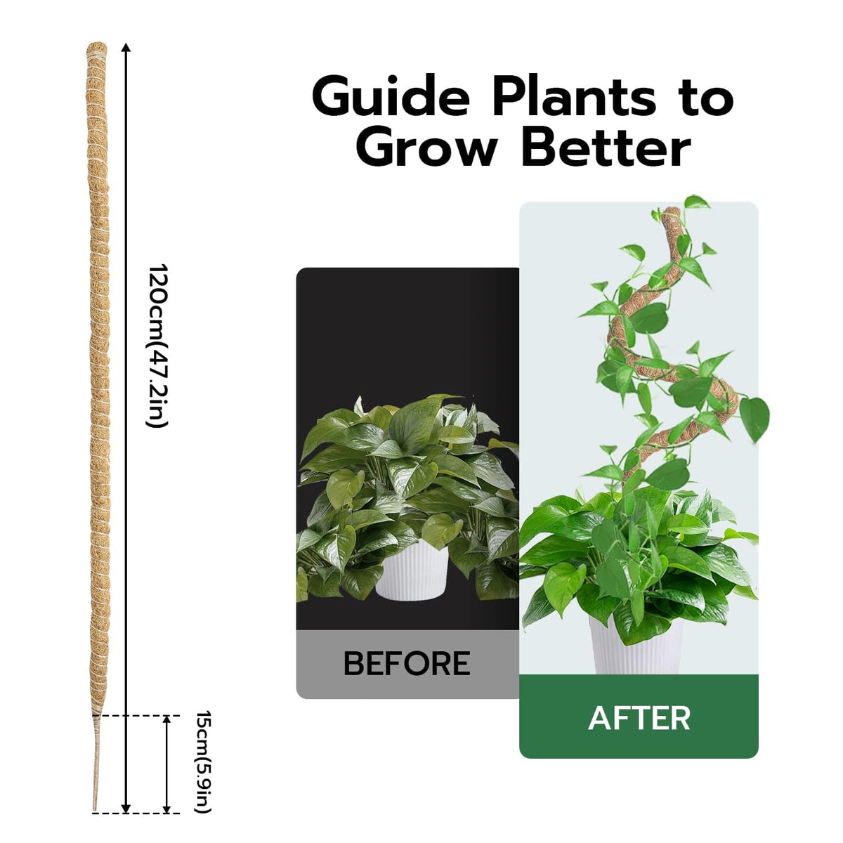 Mcbazel Bendable Moss Pole for Plants 47 Inch, Monstera Plant Support Stake with 7mm Aluminum Core, Coconut Coir Climbing Pole for Monstera Pothos Philodendron, Complete Kit with Ties & Rope