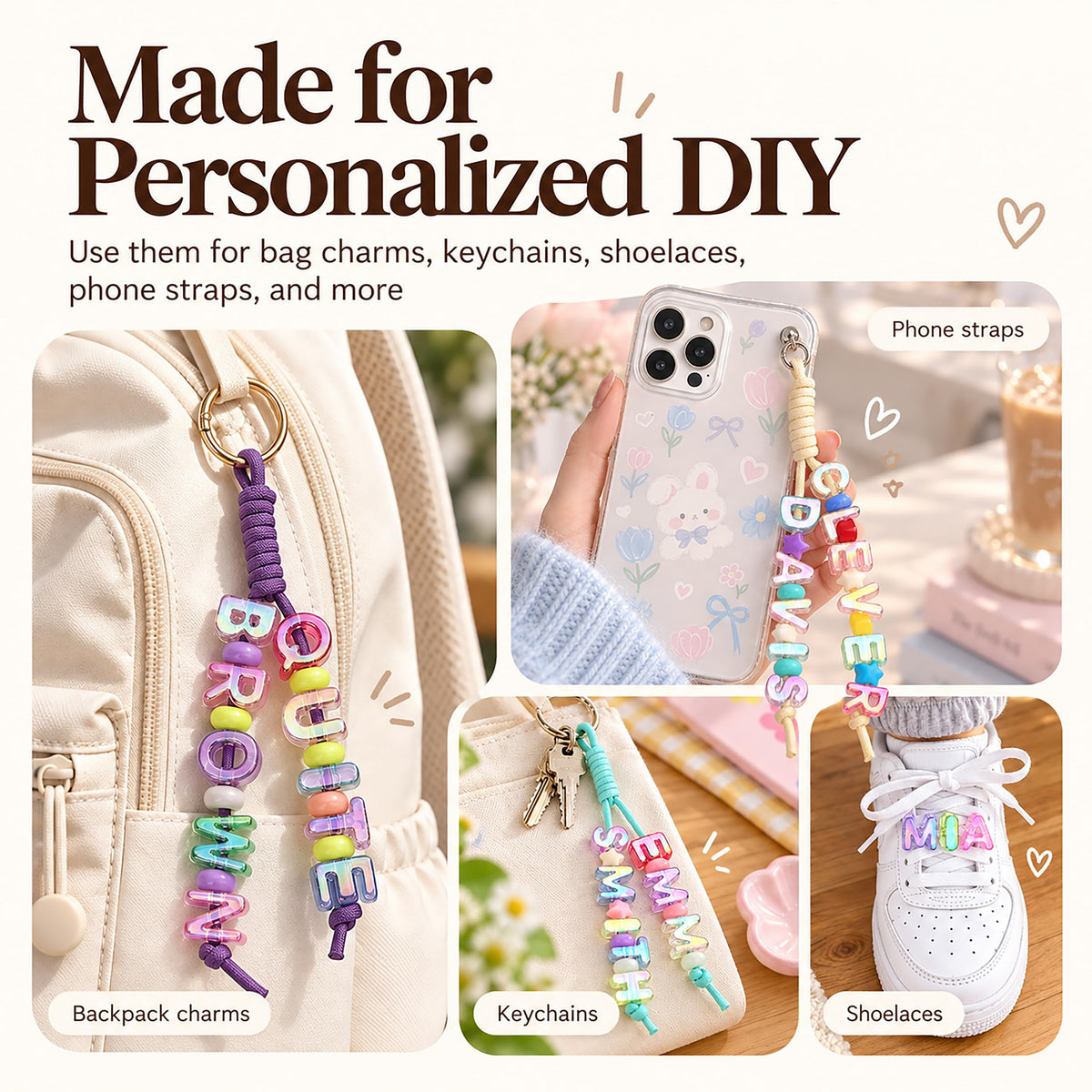 76Pcs Bubble Letter Beads, 20mm Large Hole Beads for Keychains | Each A-Z character appears twice or more, with extra vowels and common characters for names, bag charms and backpacks.