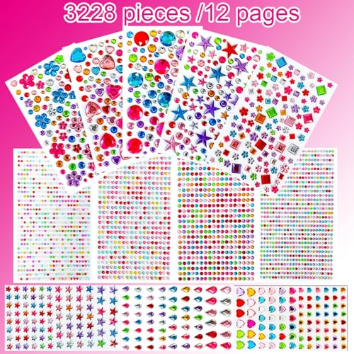 EODIEBN 3228pcs Gems Stickers, Self Adhesive Rhinestone Jewel Gems | Acrylic Gems DIY Craft Decorative Diamond Stickers, Assorted Shapes Jewels Rhinestones Sticker, Gem Sticker Crafts Set