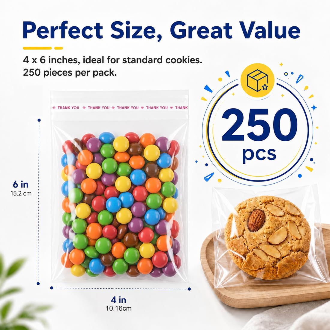 PerkDecor 4x6 Inch (250Pcs) Clear OPP Cellophane Bags, 2.2Mil Thick Crystal Clear Self Sealing Tear Resistant, Packaging for Cookies Treat Candies Crafts Party Favors Home Retail