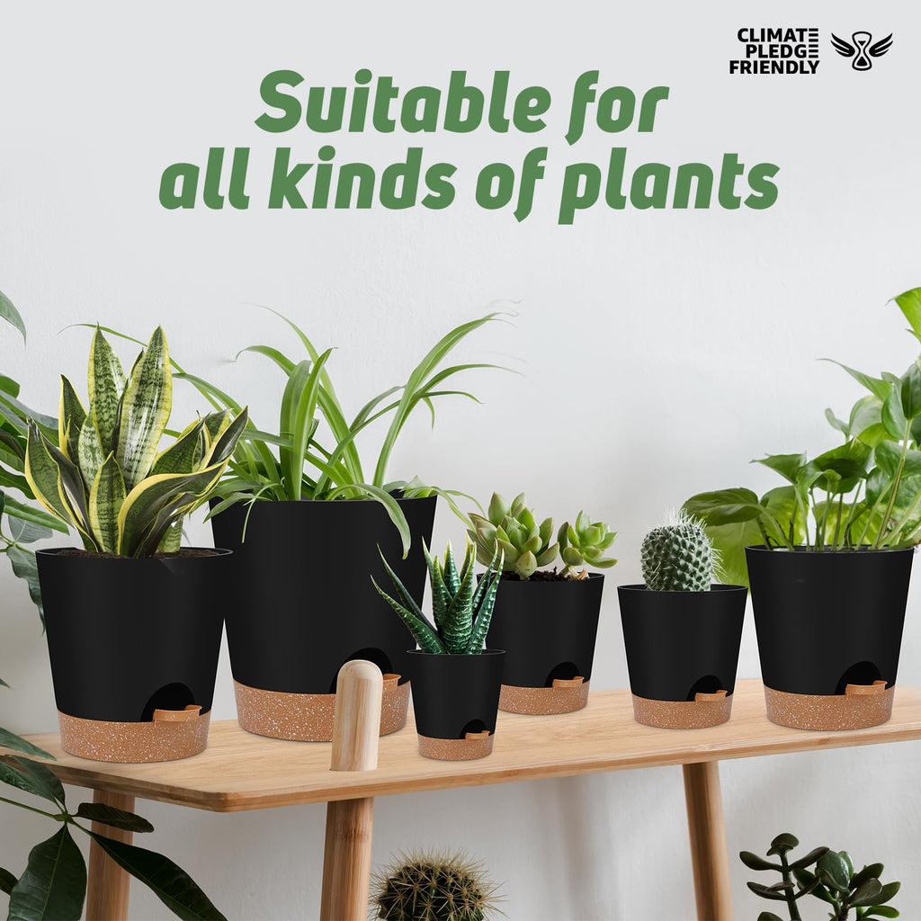 YNNICO 8,7, 6.5, 6, 5.5, 5 Inches Self Watering Planters for Indoor Plants | Black,Drainage Holes and Saucers,Modern Lightweight Plastic Plant Pots for Indoor/Outdoor.