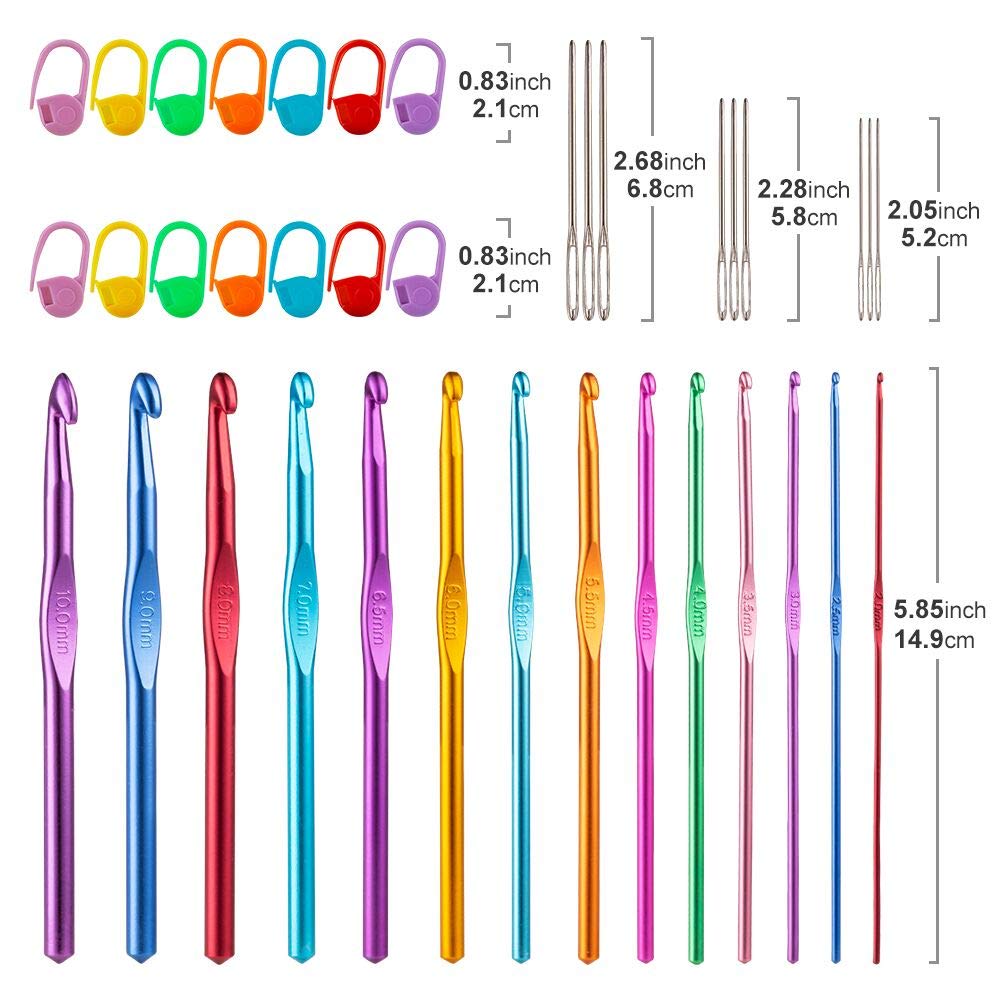 Vodiye 14 Sizes Crochet Hooks Set, 2.0-10.0mm, Metal Crochet Needles | Crochet Hooks for Beginners and Craft Lovers with Ergonomic Crochet Needles for Comfortable Crocheting and DIY Yarn Projects