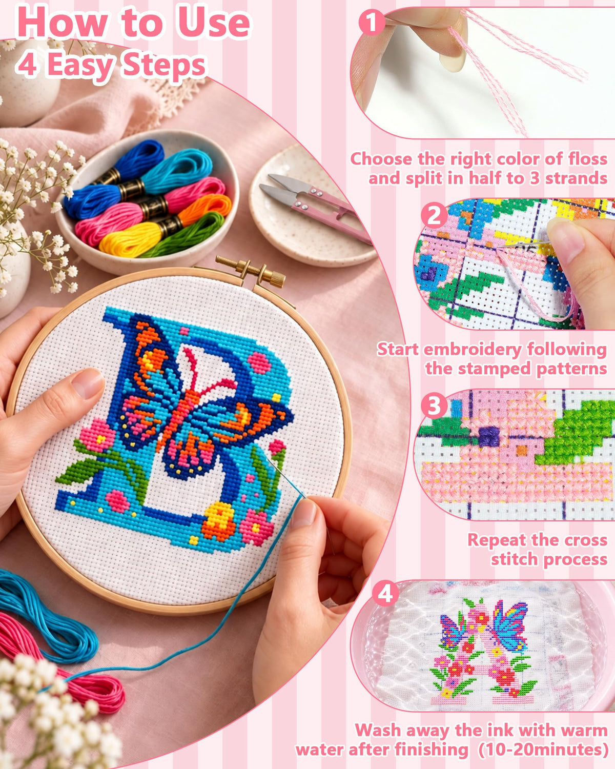 FIVEIZERO Alphabet Cross Stitch Kit, Stamped Cross Stitch Kit for Beginners | A-Z letter designs with stamped canvas, colorful floss and tools for easy DIY embroidery, monograms, gifts and home decor.