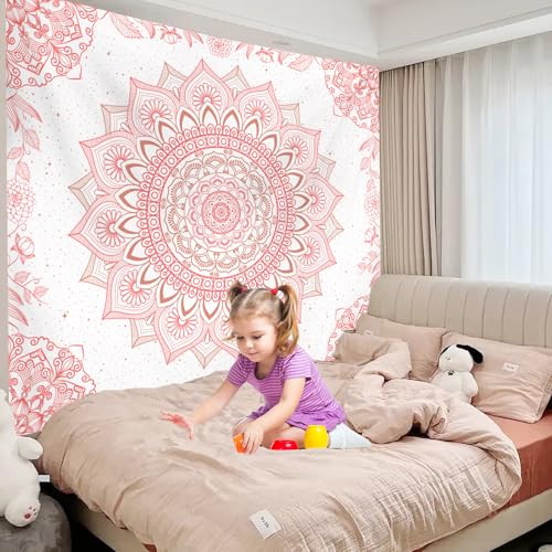 Apdidl Pink Boho Wall Tapestry for Bedroom,Mandala Bohemian Tapestries Girl | Girls Large Light Pink and White Cute Room Wall Hanging, Floral Hippy Flowers Teen Wall Decor Art Aesthetic for Dorm 51"X60"