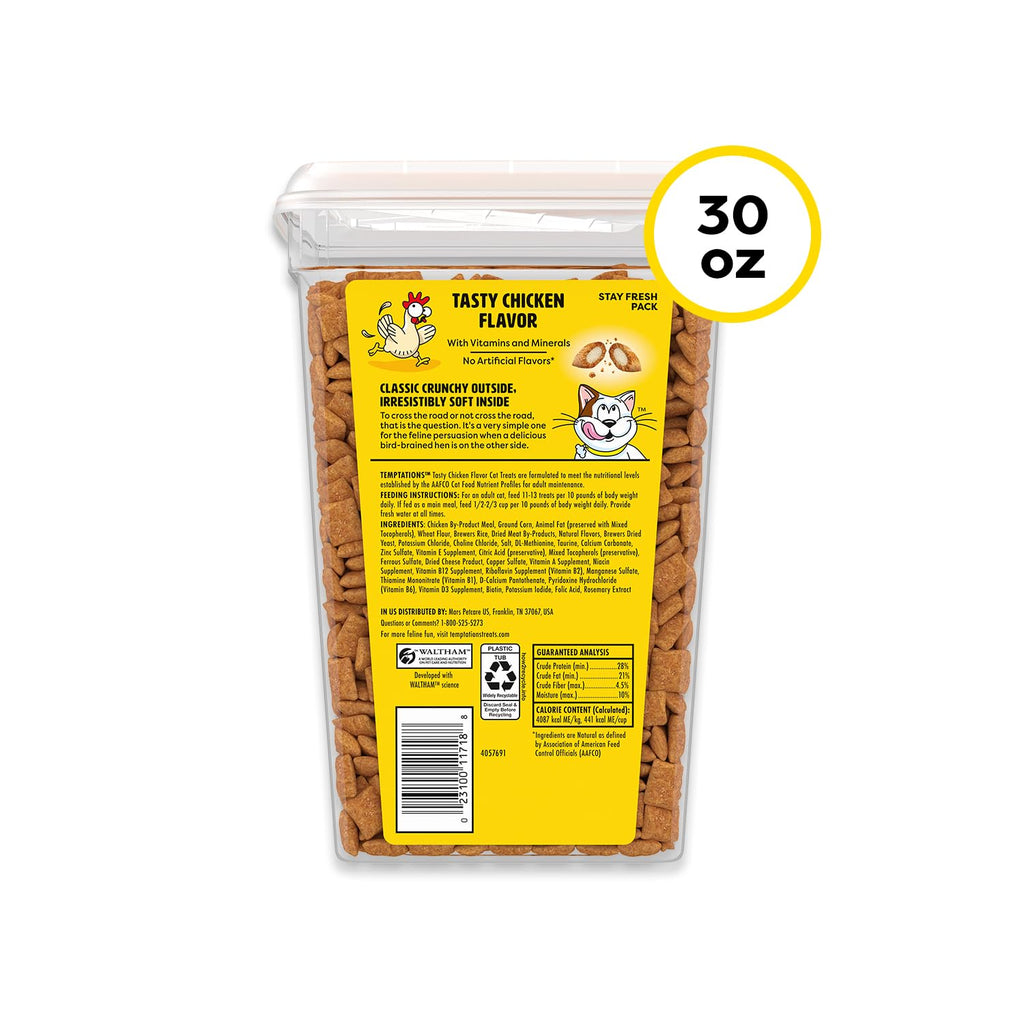 Temptations Classic Crunchy and Soft Cat Treats, Tasty Chicken, 30 oz | Under 2 calories per treat, crunchy outside & soft inside, resealable tub, 100% complete & balanced, snack, meal or topper