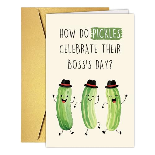 Funny Pickle Pun Boss's Day Card for Boss,Boss's Day Card Gift for Him Her. | Cute Pickle Boss Day Card, Humorous Workplace Joke Card for Boss with Golden Envelope