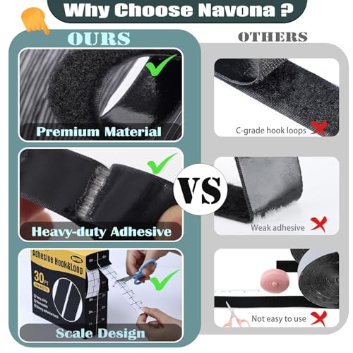 Navona 30Ft x 1 Inch Heavy Duty Hook and Loop Strips with Adhesive, Black | Extra-Strong Hold, Measuring Scale Liner, Bonus Scissors, Durable Nylon Hook & Loop Tape, Ideal for Home, Office & DIY