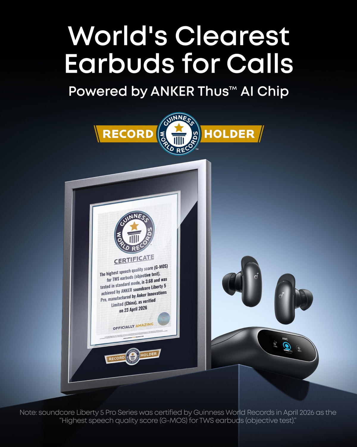 Soundcore Liberty 5 Pro by Anker Noise Cancelling Wireless Earbuds | Anker Thus™ AI Chip delivers Guinness World Records-certified call quality for crystal-clear calls in noisy environments