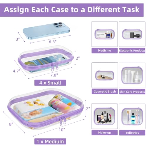 CarryEpic Clear Hard Shell Zipper Cases (5 Packs), Plastic Hard Sided Zippers Pouches Clear Hardshell Pencil Case For Storage, Diaper Bag Organizer Bliss Bins 4*Small/1*Medium, Purple