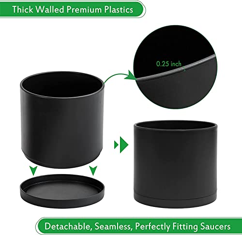 D'vine Dev Plastic Planter Pot with Saucer, 8 in, Black, 74-X-B-1 | Lightweight Matte Finish, Cylinder Shape, Drainage Holes, Sleek Minimalist Design, Detachable Saucer, Easy Maintenance
